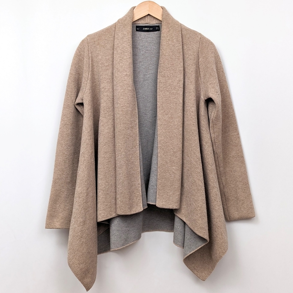 Zara Waterfall Open Cardigan Drapey Knit Duster Two-Tone Monochrome Tan Gray M
